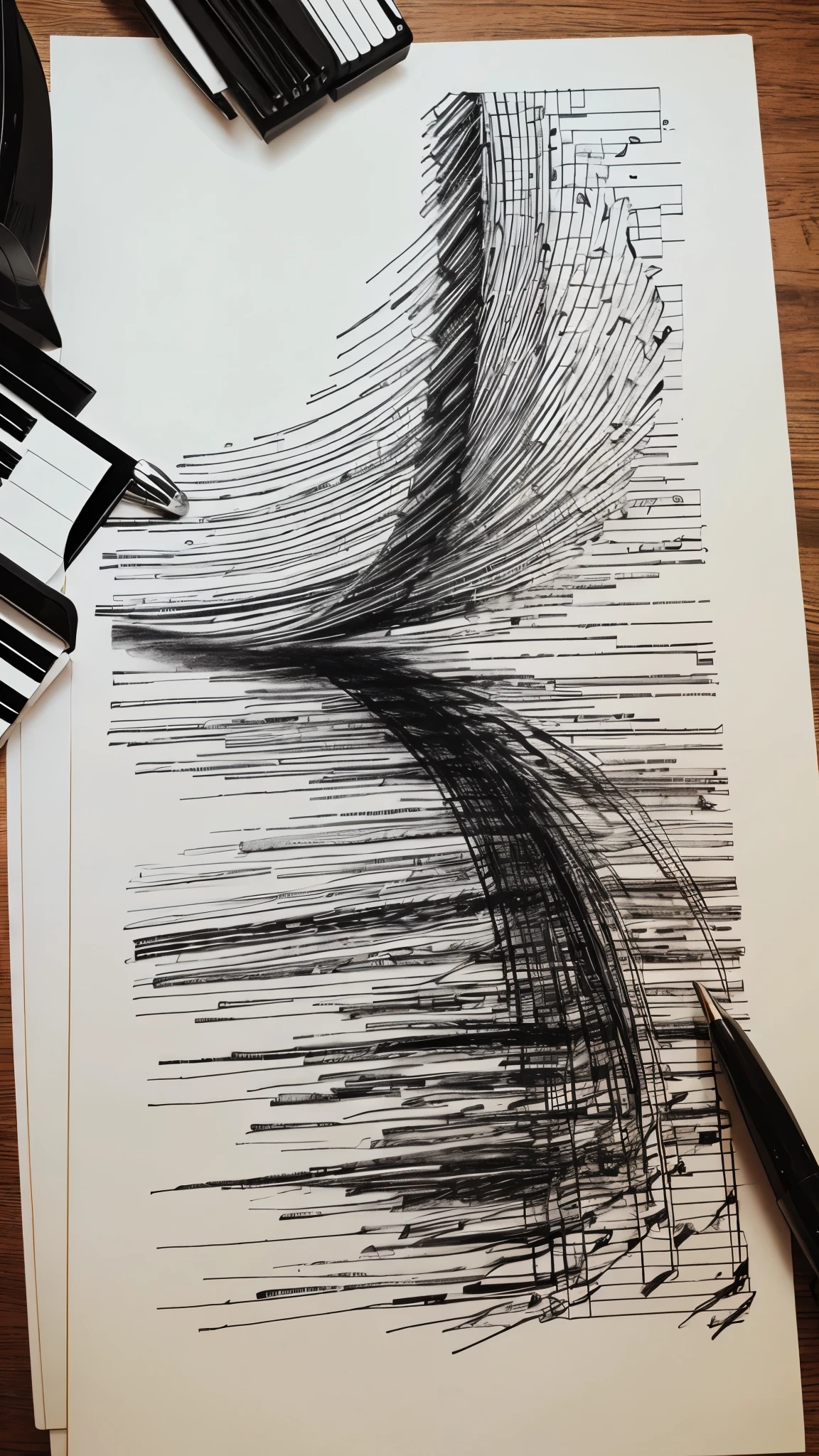 Only 3 piano keys black and white scribble drawing 