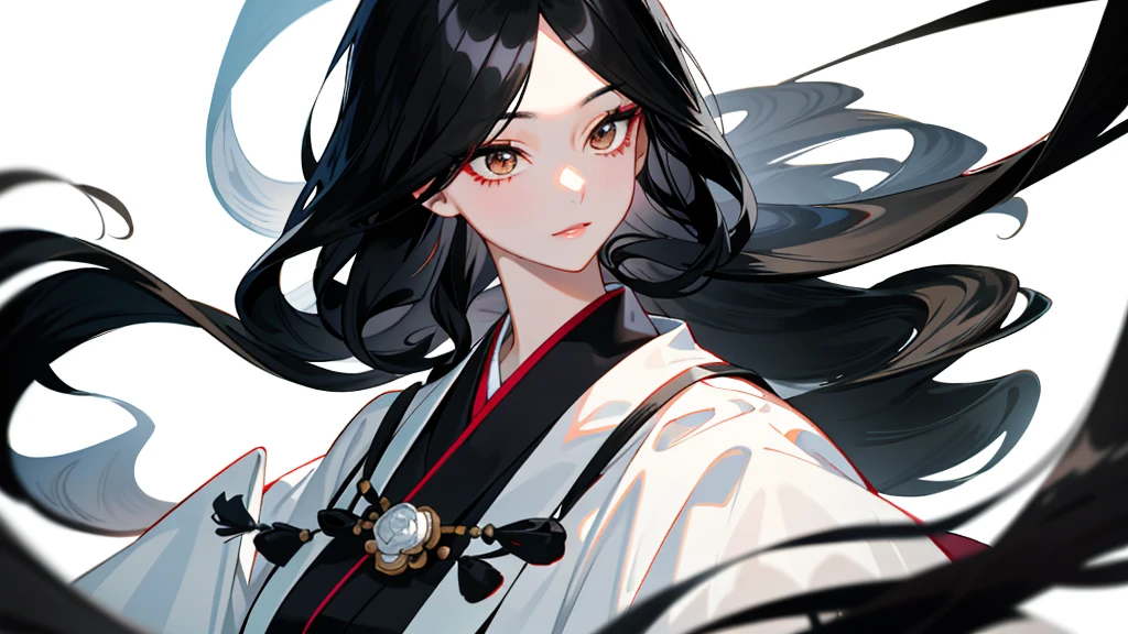 Illustration of a close up of a woman with long black hair and a black shirt, beautiful south korean woman, beautiful young korean woman, gorgeous young korean woman, black hime cut hair, female actress from korea, shoulder-length black hair, black wavy hair with bangs, sui ishida with black hair, shoulder length black hair, she has black hair with bangs, korean woman