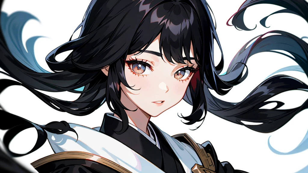 Illustration of a close up of a woman with long black hair and a black shirt, beautiful south korean woman, beautiful young korean woman, gorgeous young korean woman, black hime cut hair, female actress from korea, shoulder-length black hair, black wavy hair with bangs, sui ishida with black hair, shoulder length black hair, she has black hair with bangs, korean woman