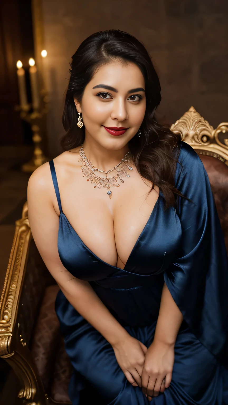 night scene, extreme close up photo of 30 years old naked rashi from top view, hourglass figure, swooping breasts, deep cleavage, curvy, open arms, sexy armpits, seductive eyes, look at viewer and subtle smile, royal pose on throne, necklace, nipples, royal blue satin silk curtain, red lips, sultry, French braid hair, 4K, HD