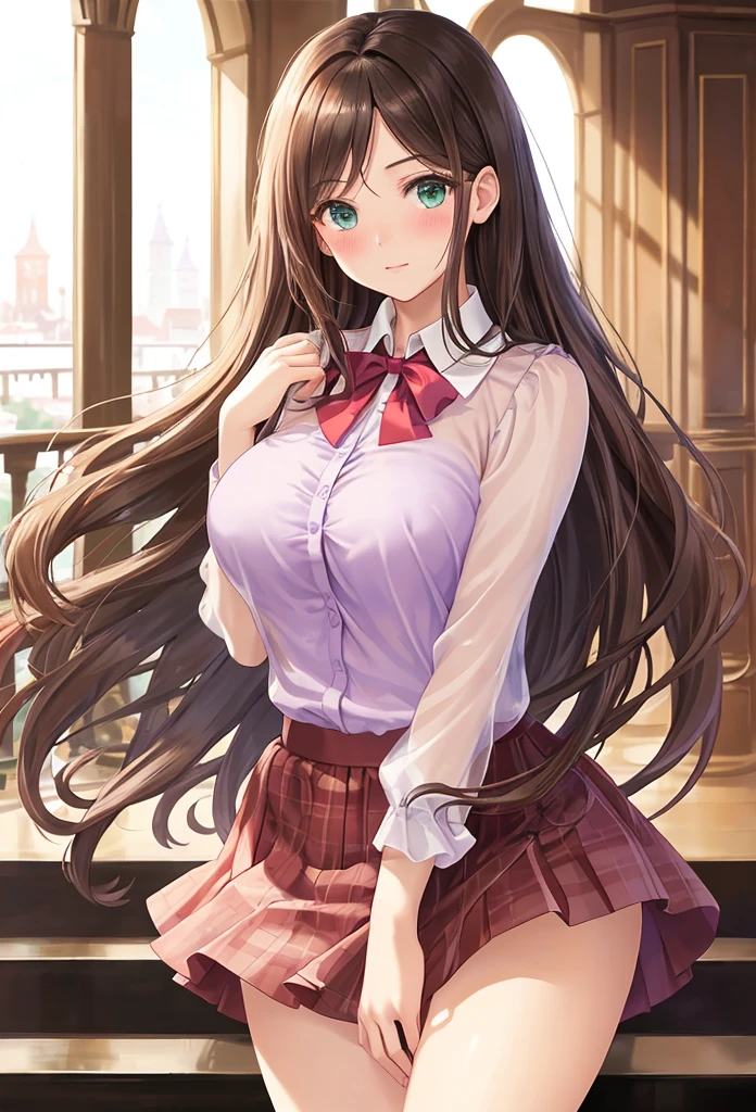 one woman, alone, 20 years old girl, I could see the whole body, (dark brown wavy hair, (long hair)), ((aqua eyes, beautiful eyelashes, realistic eyes)), ((detailed face, blush:1.2)), ((smooth texture:0.75, realistic texture:0.65, realistic:1.1, Anime CG style)), ((glamorous body)), ((big rounds breasts)), dynamic angle, perfect body, ((light purple sheer blouse, red skirt)), (Hotel stairs), that&#39;the wind is strong, (Very embarrassing panic smile), I can see her panties sticking out in front of me., Angle looking up from the bottom of the stairs、 (((The wind pulled up my skirt, My panties are completely exposed.., Pink floral panties))), (((masterpiece, highest quality, High resolution, perfect pixel, 8K))), 