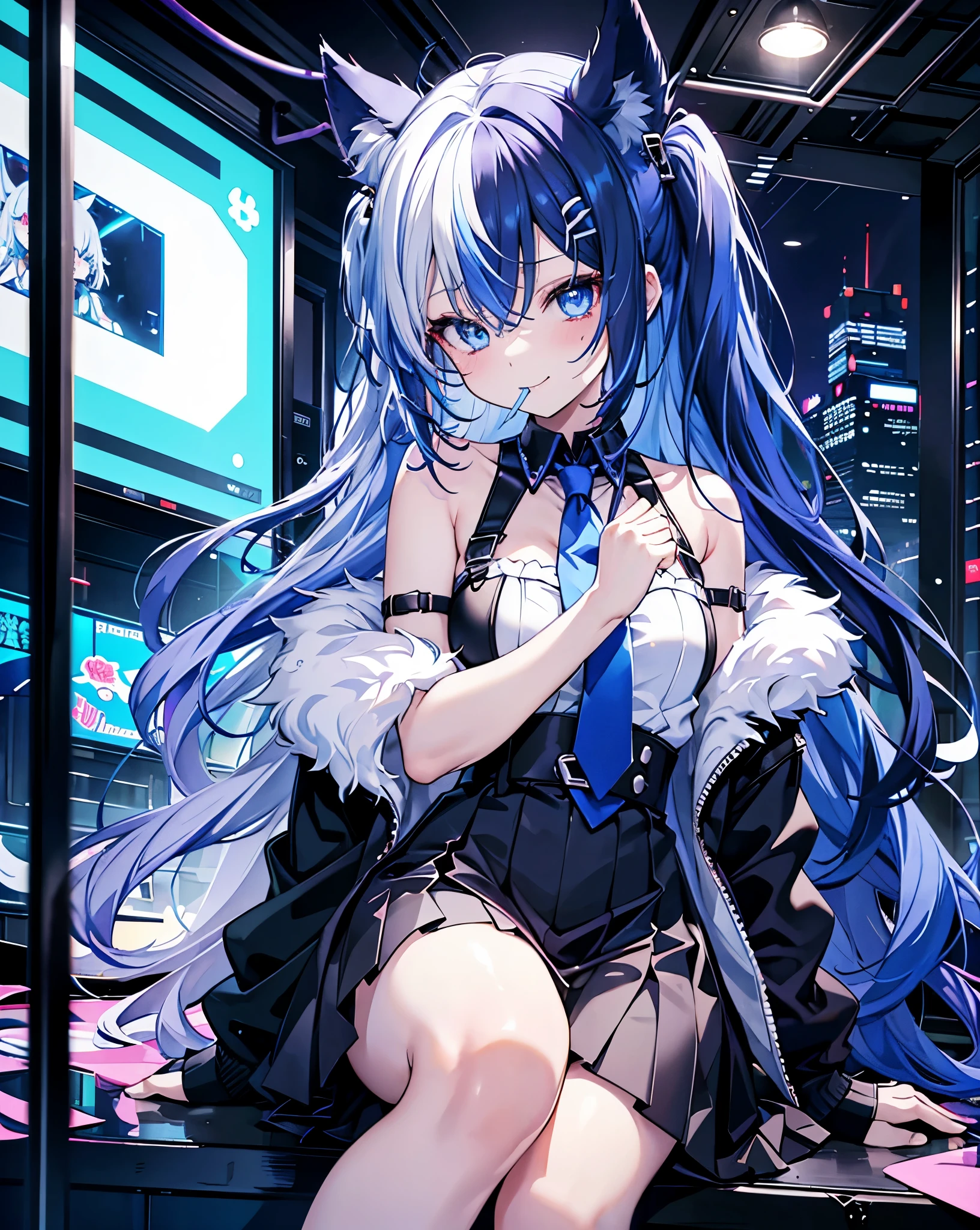 A succubus nekogirl, neko ears, demon tail, smiling with one kawaii Protruding canine as in anime, Horny face Foaming at the mouth. Half colored hair, half blue hair, half white hair, blue eyes, beautifull , cute and sexy. Little black and blue demon Wings.She wants me.black with loose necktie and skirt. bare shoulders.lollipop girl. She is 24 years old.She is sitted on top of a Ferris wheel Illuminated by neon lights of every color. Anime Scenery and cinematic.hdr.