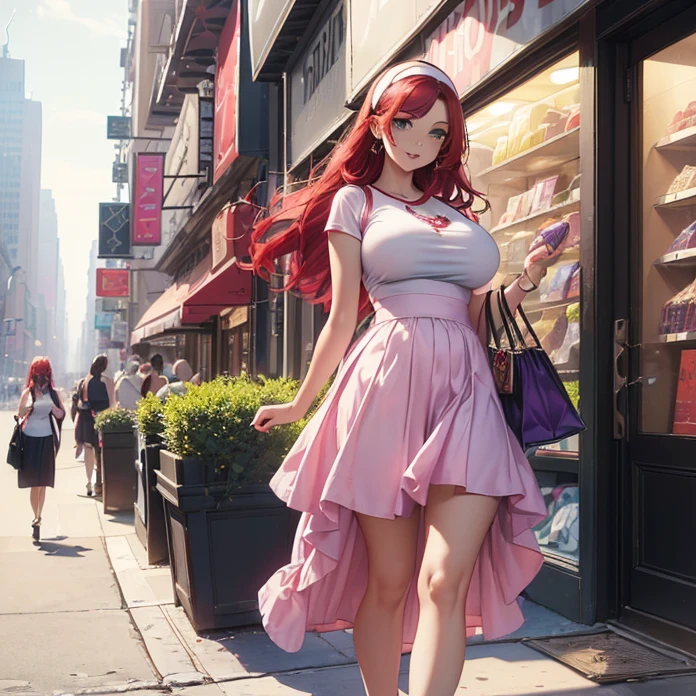 (Master piece, absurdres, best high quality image, carefully detailed textures, detailed image and background)
{{(1character: 27 years old dark-scarlet-red hair girl citizen: (fair skin, green eyes, short lenght dark scarlet red hair, beautiful face, beautiful voluptuous figure, beautiful legs, beautiful arms, big breasts, beautiful hips), (happy expression, cheerful demeanor, standing firmly at the store), (white headband, pink t-shirt, purple long skirt, red heel shoes, black handbag), (new york city, american shopping, clothes store))}}