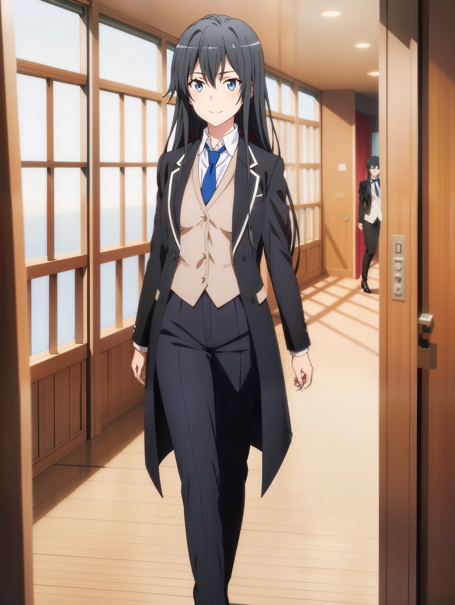 Yukinoshita Yukino ,A woman wearing a formal, attractive coat stands in a large gap in the room , 1girl, Single, blue necktie, Black hair, Blue eyes, long hair, He smiles , Collared shirt, White pants, White shirt , Elegantly designed coat , Stand in front of the window ,Perfectly tailored tailcoat. It has a stunning Victorian design and is made of lustrous fabric