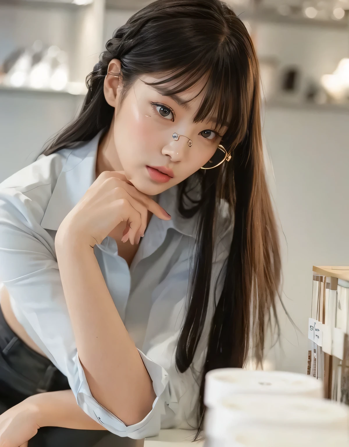 (((((Side angle))))) ((((((Looking at this)))))) 8k、RAW Photos、Highest quality、Super detailed、Super Resolution、Ultra HD、8k wallpaper、Amazing details、 ((White-walled school classroom))、Many students、blackboard、(Write in a notebook)、smile、(A 16-year-old girl sitting at a desk studying)、(Emphasize cleavage)、Heart Necklace (((Floral