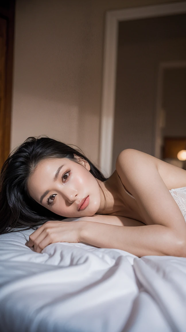 a stunningly realistic, high resolution 8K photo of a beautiful 30-year-old woman with medium long hair and a glamorous figure laying on a bed in a boudoir setting looking at the rain outside, dramatic lighting, masterpiece, best quality, photorealistic, ultra-detailed, HDR, physically-based rendering, studio lighting, vivid colors, bokeh