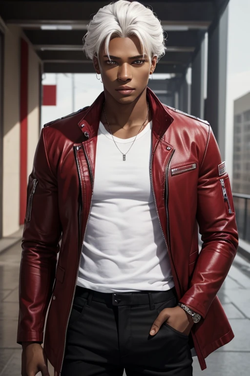 Brown skin, white hair, red t-shirt, black pants, black jacket, red eyes, young male