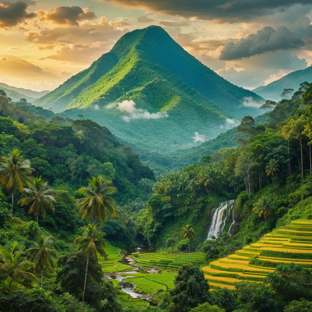 Lush, green mountain landscape. The mountain is covered in a thick, verdant forest, with a cascading waterfall in the foreground ,river. The towering trees are adorned with vibrant leaves.There are a vibrant yellow terrace paddy field layers arranged in a zigzag pattern.lush palm treesh, birds.The sky  cloudy with patterns of clouds scattered across, allowing sunset to seep through. 