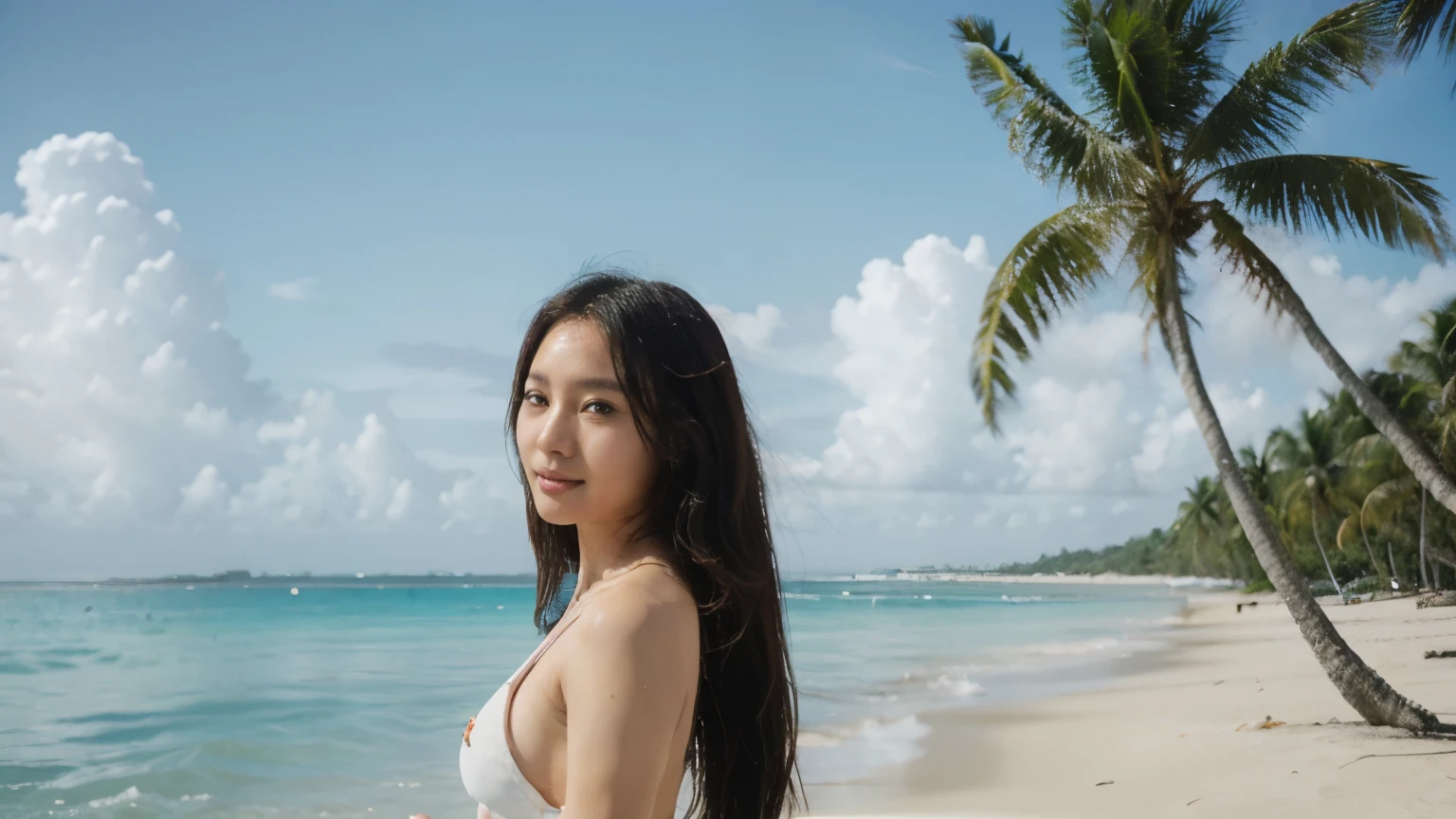A stunning photo of an Asian model wearing a white one-piece swimsuit. She has long, flowing hair and a gentle smile, appearing to gracefully emerge from the turquoise ocean water. The background showcases a beautiful beach scene with palm trees and a clear blue sky. The overall mood of the image is fresh, elegant, and serene. Asian model wearing a bathing suit, holding a flower, approaching the chair