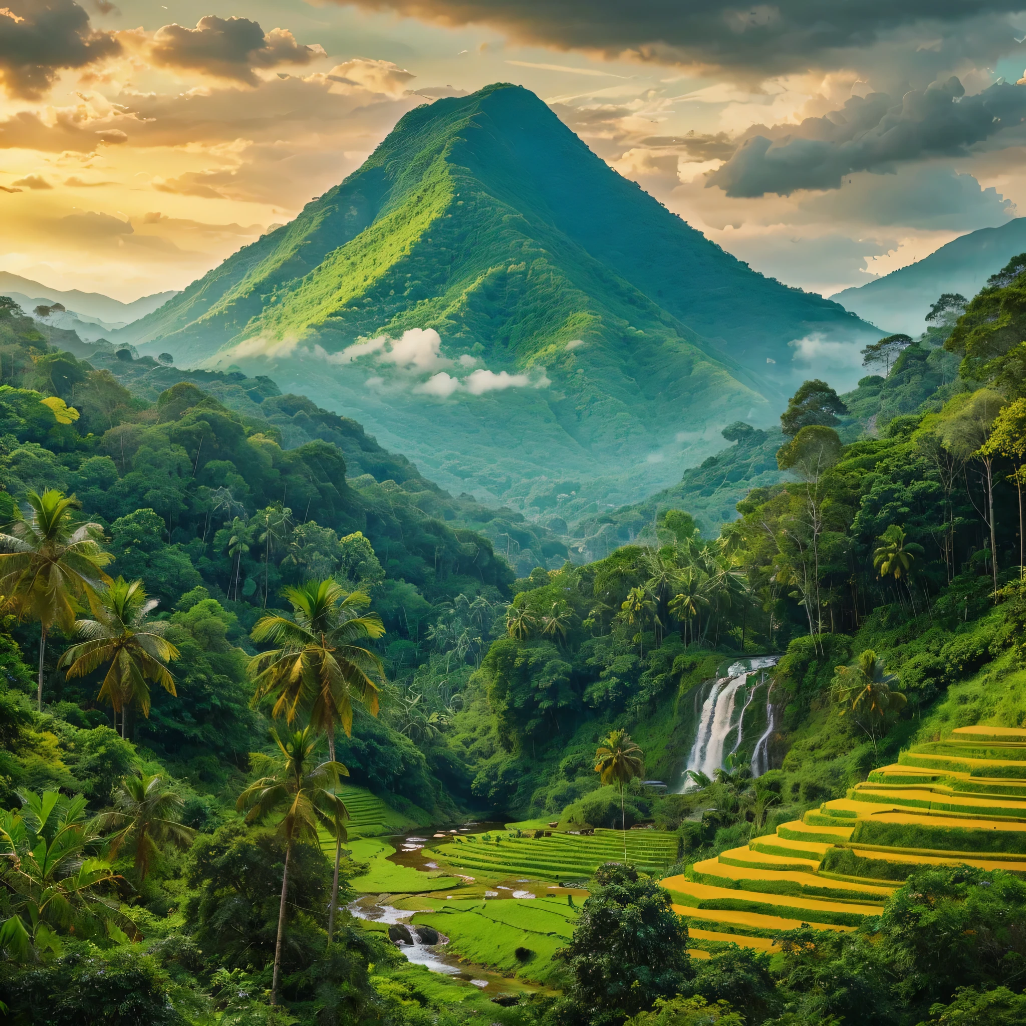 Lush, green mountain landscape. The mountain is covered in a thick, verdant forest, with a cascading waterfall in the foreground ,river. The towering trees are adorned with vibrant leaves.There are a vibrant yellow terrace paddy field layers arranged in a zigzag pattern.lush palm treesh, birds.The sky cloudy with patterns of clouds scattered across, allowing sunset to seep through.
