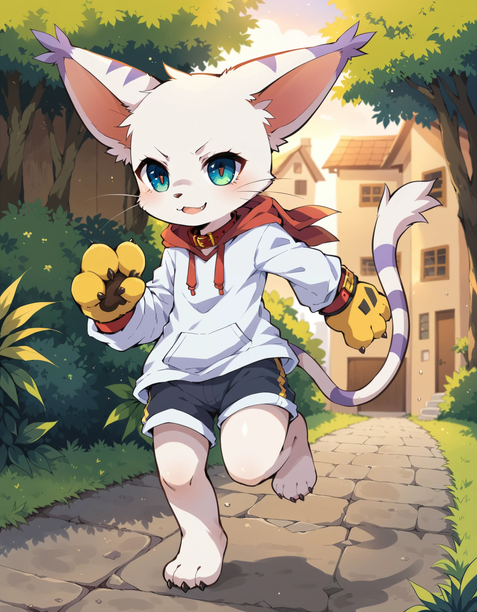 gatomon, running, full-length portrait, action pose, yellow paw glove, claws, red collar, hoodie robe, short pants, BREAK, by Ke Mo Suke, by Fredek666, by Studio Ponoc, detailed background, detailed foreground, depth of field, ambient silhouette, backlighting