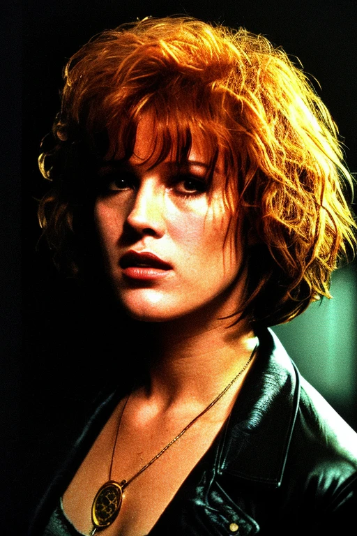 eighteen-year-old Molly Ringwald, messy/shaggy razored/layered bob haircut with sideswept bangs, bags under eyes, exhausted eyes, undershadowed eyes, with copper pocketwatch necklace, wearing dark green jacket with sleeves rolled up, white tank top and jeans, extremely realistic, extremely detailed, extreme realism, extreme detail, extremely accurate resemblance, scene from 1986 psychological sci-fi horror film, directed by Michael Mann, cinematography by Dante Spinotti, neo-noir, tech-noir, taken from VHS tape, atmospheric, moody, Manhunter (1986) influenced, Thief (1981) influenced, bedhead, unkempt hair, insomniac, dark circles under eyes, brooding anti-heroine, cult classic, cult film, complex, elaborate, masterpiece, underlit, dark, VHS grain, VHS filter, Silent Hill vibes, old VHS tape, VHS static, deteriorated VHS, VHS footage, CRT TV filter, gritty, synthwave, synth horror, neon, Blade Runner influenced, Drive (2011) influenced, directed by Nicholas Winding Refn, neon nightmare, shot on 35mm film, detective, near-future setting, rainy, heavy rainfall, more human than human, replicant, replicant eyes