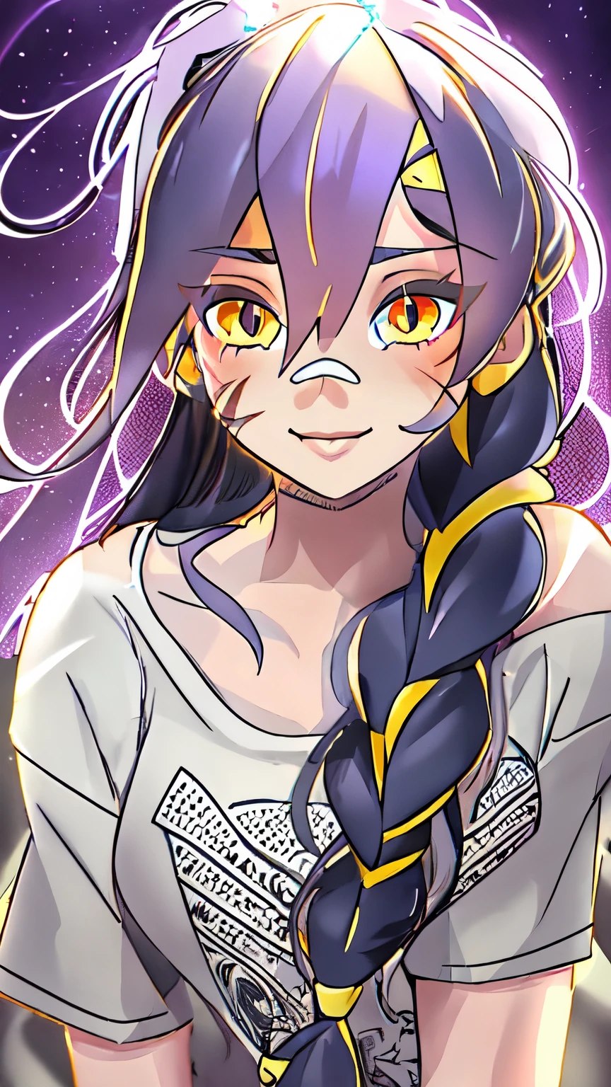 1girl, solo, ultra long hair, looking at viewer, black hair, bandaid on face, yellow eyes, smile, bandaid on nose, braid, bandaid, ultra detailed face, masterpiece, bangs, breasts, bare shoulders, scar, shirt, bare shoulders, white shirt, short sleeves, closed mouth, t-shirt, hair over one eye, portrait, bag, hair over shoulder, shorts, fullbody shot, cute, messy hair