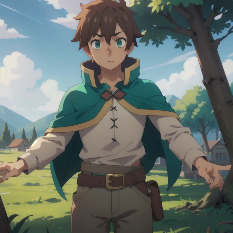 kazumasatou, Kazuma Satou, short hair, By the chestnut, (green eyes:1.3), male focus,
BREAK shirt, long sleeves, White shirt, belt, pants, Capelet, brown belt,
BREAK outdoor, forest, nature, trees, village, sky, sun, clouds,
BREAK looking at viewer, (cowboy shot:1.5),
BREAK (masterpiece:1.2), Best Quality, high resunution, unity wallpaper 8k, (illustration:0.8), (beautiful detailed eyes:1.6), extremely detailed face, perfect lighting, Extremely detailed CG, (perfect hands, Perfect anatomy),