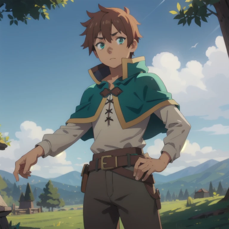 kazumasatou, Kazuma Satou, short hair, By the chestnut, (green eyes:1.3), male focus,
BREAK shirt, long sleeves, White shirt, belt, pants, Capelet, brown belt,
BREAK outdoor, forest, nature, trees, village, sky, sun, clouds,
BREAK looking at viewer, (cowboy shot:1.5),
BREAK (masterpiece:1.2), Best Quality, high resunution, unity wallpaper 8k, (illustration:0.8), (beautiful detailed eyes:1.6), extremely detailed face, perfect lighting, Extremely detailed CG, (perfect hands, Perfect anatomy),