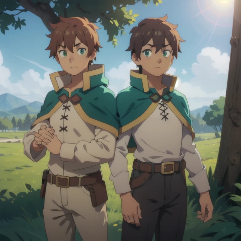 kazumasatou, Kazuma Satou, short hair, By the chestnut, (green eyes:1.3), male focus,
BREAK shirt, long sleeves, White shirt, belt, pants, Capelet, brown belt,
BREAK outdoor, forest, nature, trees, village, sky, sun, clouds,
BREAK looking at viewer, (cowboy shot:1.5),
BREAK (masterpiece:1.2), Best Quality, high resunution, unity wallpaper 8k, (illustration:0.8), (beautiful detailed eyes:1.6), extremely detailed face, perfect lighting, Extremely detailed CG, (perfect hands, Perfect anatomy),