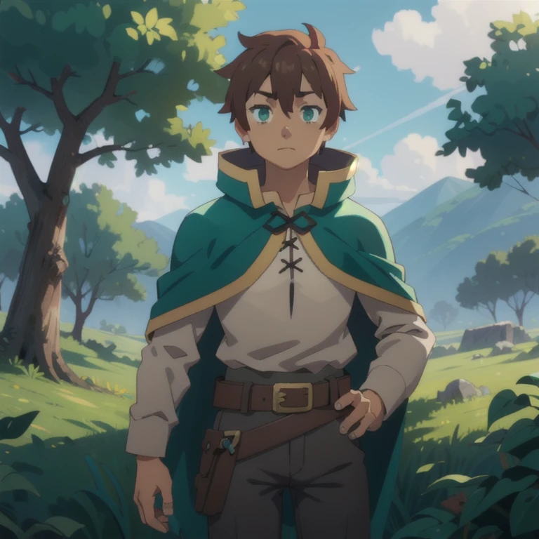 kazumasatou, Kazuma Satou, short hair, By the chestnut, (green eyes:1.3), male focus,
BREAK shirt, long sleeves, White shirt, belt, pants, Capelet, brown belt,
BREAK outdoor, forest, nature, trees, village, sky, sun, clouds,
BREAK looking at viewer, (cowboy shot:1.5),
BREAK (masterpiece:1.2), Best Quality, high resunution, unity wallpaper 8k, (illustration:0.8), (beautiful detailed eyes:1.6), extremely detailed face, perfect lighting, Extremely detailed CG, (perfect hands, Perfect anatomy),