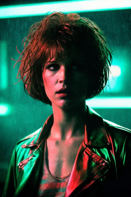 eighteen-year-old Molly Ringwald, messy/shaggy razored/layered bob haircut with sideswept bangs, bags under eyes, exhausted eyes, undershadowed eyes, with copper pocketwatch necklace, wearing dark green jacket with sleeves rolled up, white tank top and jeans, extremely realistic, extremely detailed, extreme realism, extreme detail, extremely accurate resemblance, scene from 1986 psychological sci-fi horror film, directed by Michael Mann, cinematography by Dante Spinotti, neo-noir, tech-noir, taken from VHS tape, atmospheric, moody, Manhunter (1986) influenced, Thief (1981) influenced, bedhead, unkempt hair, insomniac, dark circles under eyes, brooding anti-heroine, cult classic, cult film, complex, elaborate, masterpiece, underlit, dark, VHS grain, VHS filter, Silent Hill vibes, old VHS tape, VHS static, deteriorated VHS, VHS footage, CRT TV filter, gritty, synthwave, synth horror, neon, Blade Runner influenced, Drive (2011) influenced, directed by Nicholas Winding Refn, neon nightmare, shot on 35mm film, detective, near-future setting, rainy, heavy rainfall, more human than human, replicant, replicant eyes, replicant eye glow