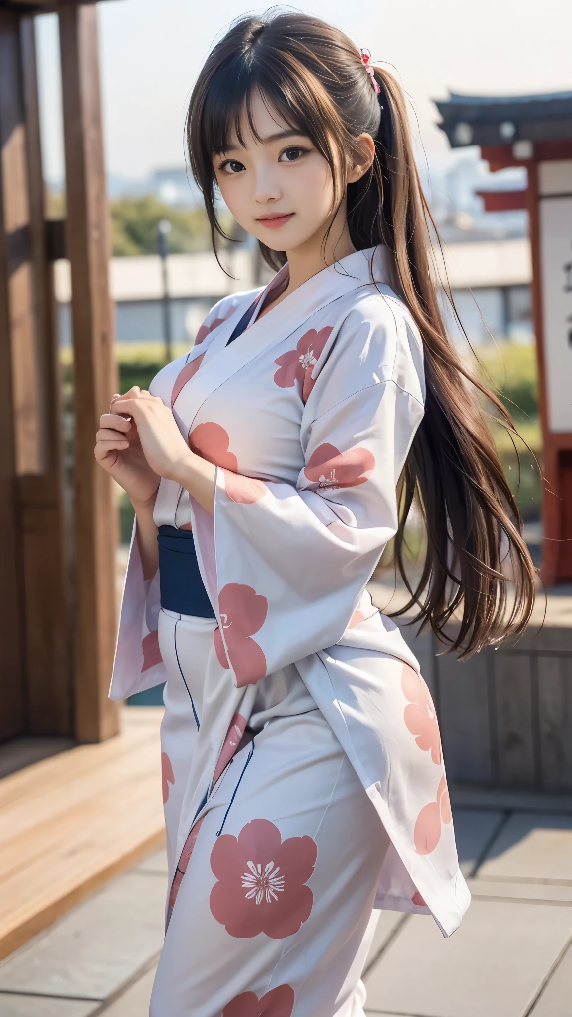 ((A beautiful Japanese girl is wearing a cute yukata:1.4)), (((A single photo:1.))), (8k, RAW Photos, Highest quality, masterpiece:1.2), Looking at the audience, Viewed from the front, Beautiful white skin, knees, Absurd face is small, Part your bangs down the middle, The forehead is visible, Glare, ((Cute and mischievous face:1.3)), Ultra-high resolution, ((Naked figure:1.3)), ((Slender body line)), (Outstanding proportions), high school girl, (Idolフェイス, Baby Face:1.65), Japanese women, Are standing, (Photorealistic:1.37), Photon Mapping, Realistic, Cute and small face, Brown eyes, prospect, Written boundary depth, Blurred Background, (I can see the bangs), Silky smooth hair, (Firm stomach:1.3), (Beautiful and slim thighs:1.4), Small beautiful butt, (Curved waist), thigh, Nogizaka idol, Idol, (Detailed hands:1.4, Accurate hands:1.4, Beautiful little hands of a girl:1.3), (Firm and beautiful breasts:1.3), Super quality, Low people, (Clear white skin, Skin with visible pores:1.2), (Focus on the face), Check and correct the garment construction, (Perfect Anatomy:1.4), (Detailed eyes and face:1.3, Professional photography techniques), (Detailed arms and legs:1.4), (Gaze at the viewer, blush:1.3)