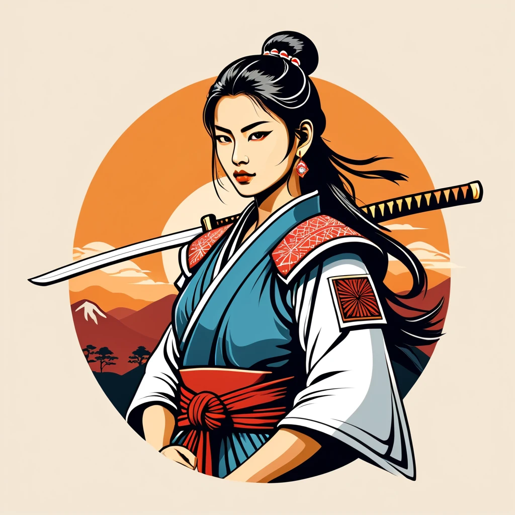 female samurai in indian folk outfit ,vector graphics, strong contours, logo design