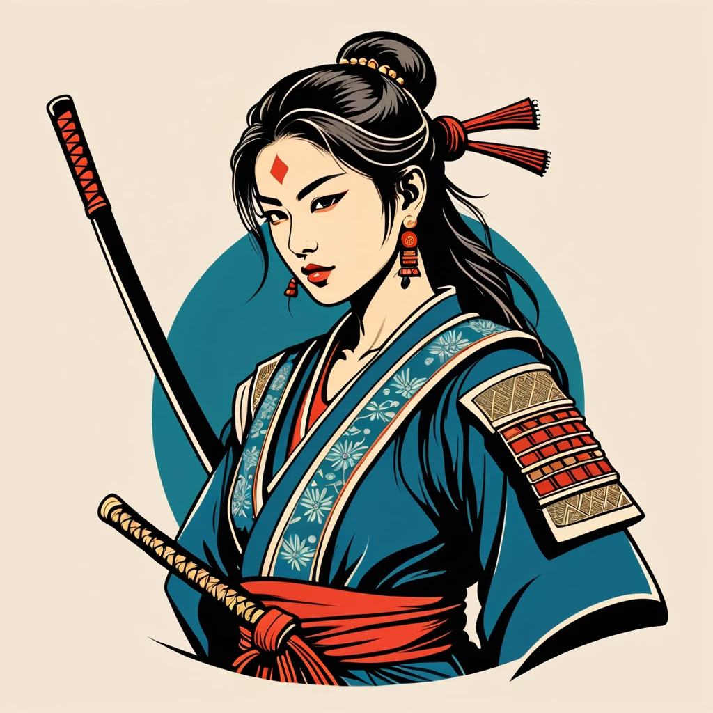 female samurai in indian folk outfit ,vector graphics, strong contours, logo design