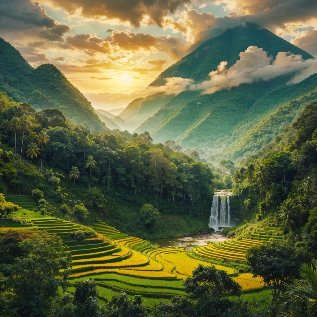 Lush, green mountain landscape. The mountain is covered in a thick, verdant forest, with a cascading waterfall in the foreground ,river. The towering trees are adorned with vibrant leaves.There are a vibrant yellow terrace paddy field layers arranged in a zigzag pattern.lush palm treesh, birds.The sky cloudy with patterns of clouds scattered across, allowing sunset to seep through.