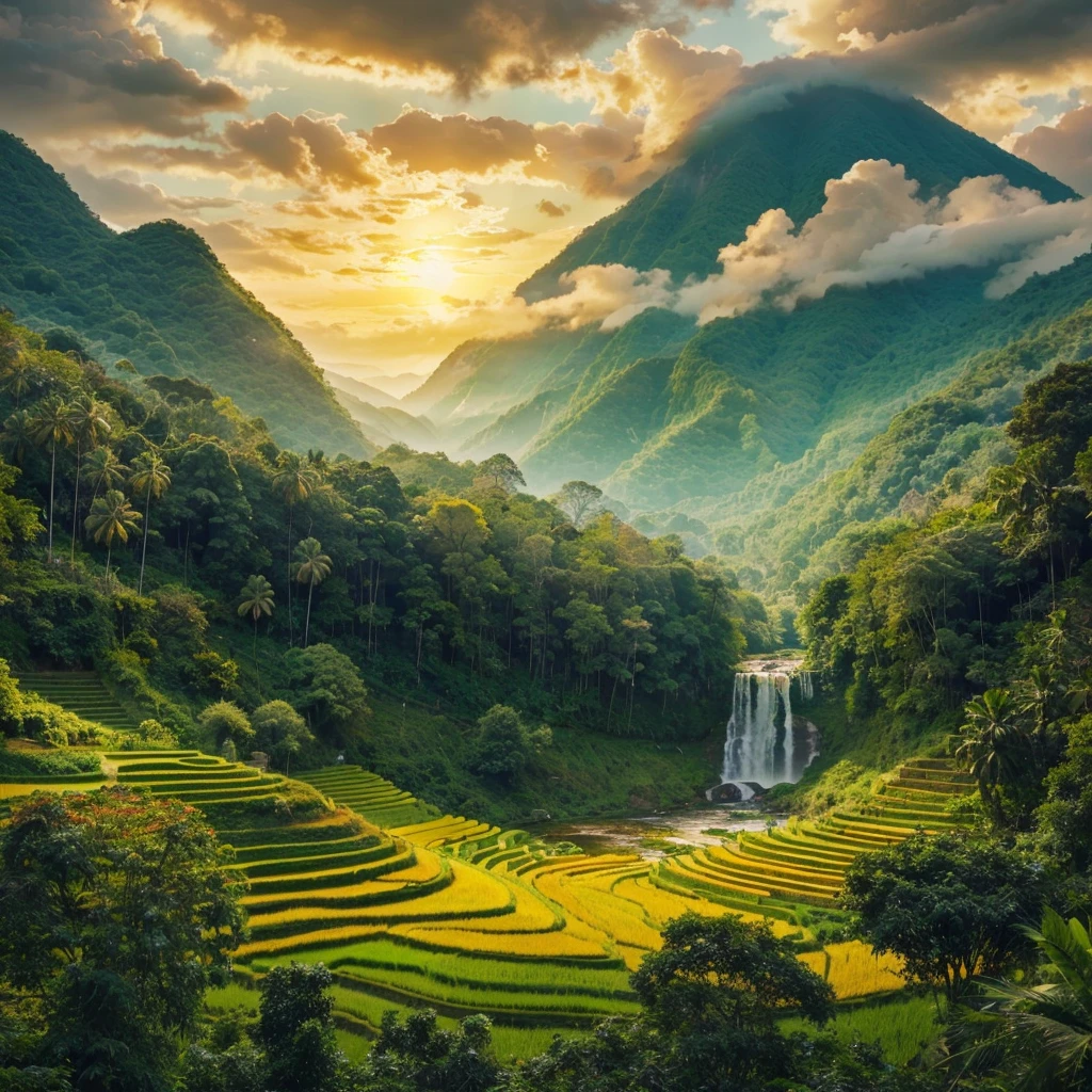 Lush, green mountain landscape. The mountain is covered in a thick, verdant forest, with a cascading waterfall in the foreground ,river. The towering trees are adorned with vibrant leaves.There are a vibrant yellow terrace paddy field layers arranged in a zigzag pattern.lush palm treesh, birds.The sky cloudy with patterns of clouds scattered across, allowing sunset to seep through.