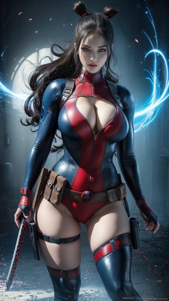 ((Best Quality)), ((masterpiece)), (detailed: 1.4), ..3D, an image of a beautiful blue eyed woman wearing Deadpool costume with thick hair big shot breasts and big voluminous tail, light particles, Pure energy, chaos, antitech, HdR (High Dymanic Range), ray tracing ,NVIDIA RTX, Super-Resolution