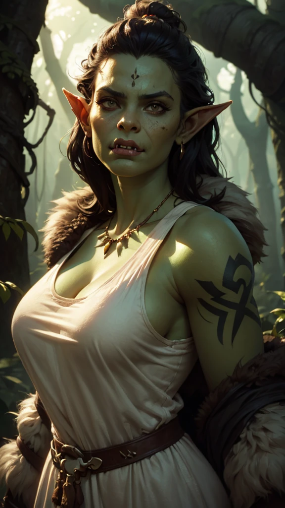 Young orc woman, big fangs, female orc, (green skin) , peaceful expression, dirty clothes and hair, wool and fur clothes, (wearing dirty linen dress), bone jewelry, forest background, natural lighting, tribal tattoos, big body, highly detailed, 4k, photorealistic, dramatic lighting, cinematic, fantasy art, ultra high quality, sharp Focus, orczor