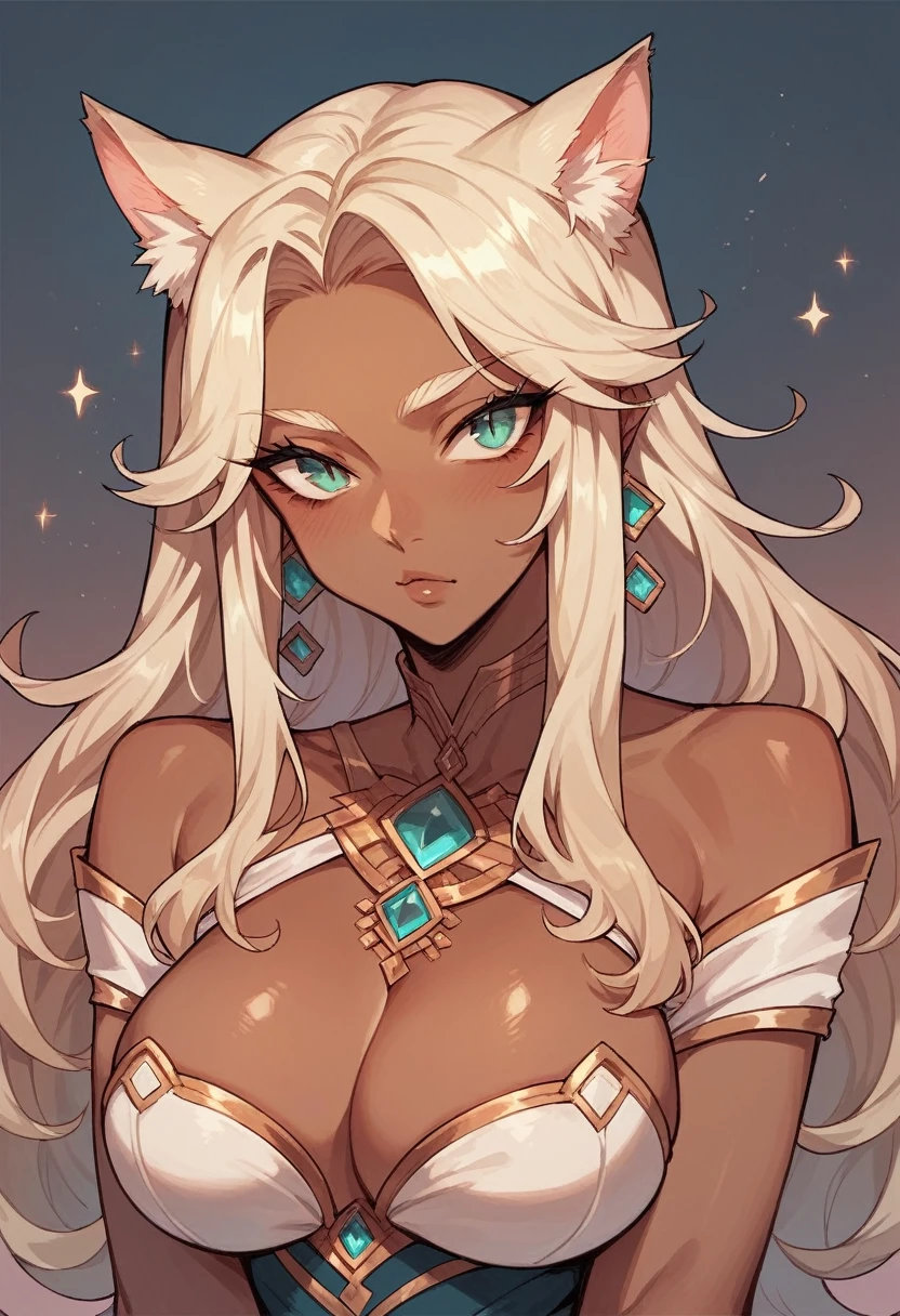 ounce woman, large breasts, alone woman, fantasy race, cat tail, cat ears, blond long hair, dark skin, cat eyes, ounce