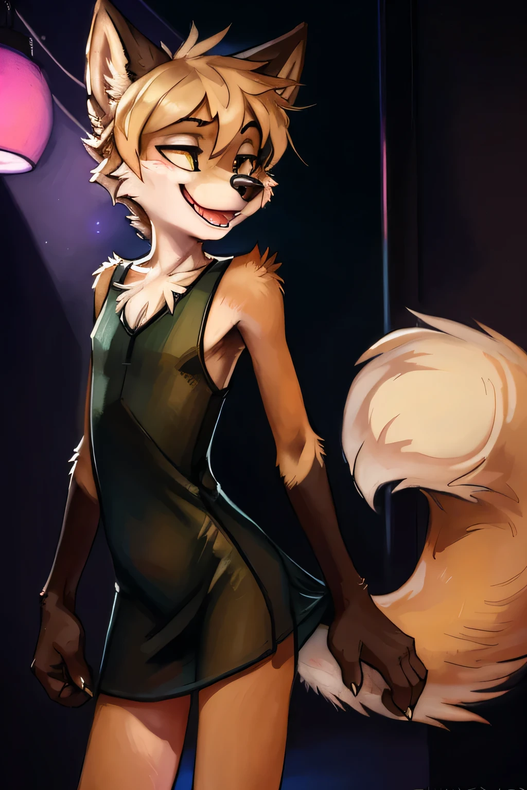 Wolf, male, thin, ((Twink)), detailed, Uploaded to e621, beautiful and detailed portrait of an anthropomorphic boy, short hair, Swaybat, (((male))), subtraction, Uploaded to e621, (See-through bodycon dress), Nightclub, Happy, Sensual , Fluffy tail