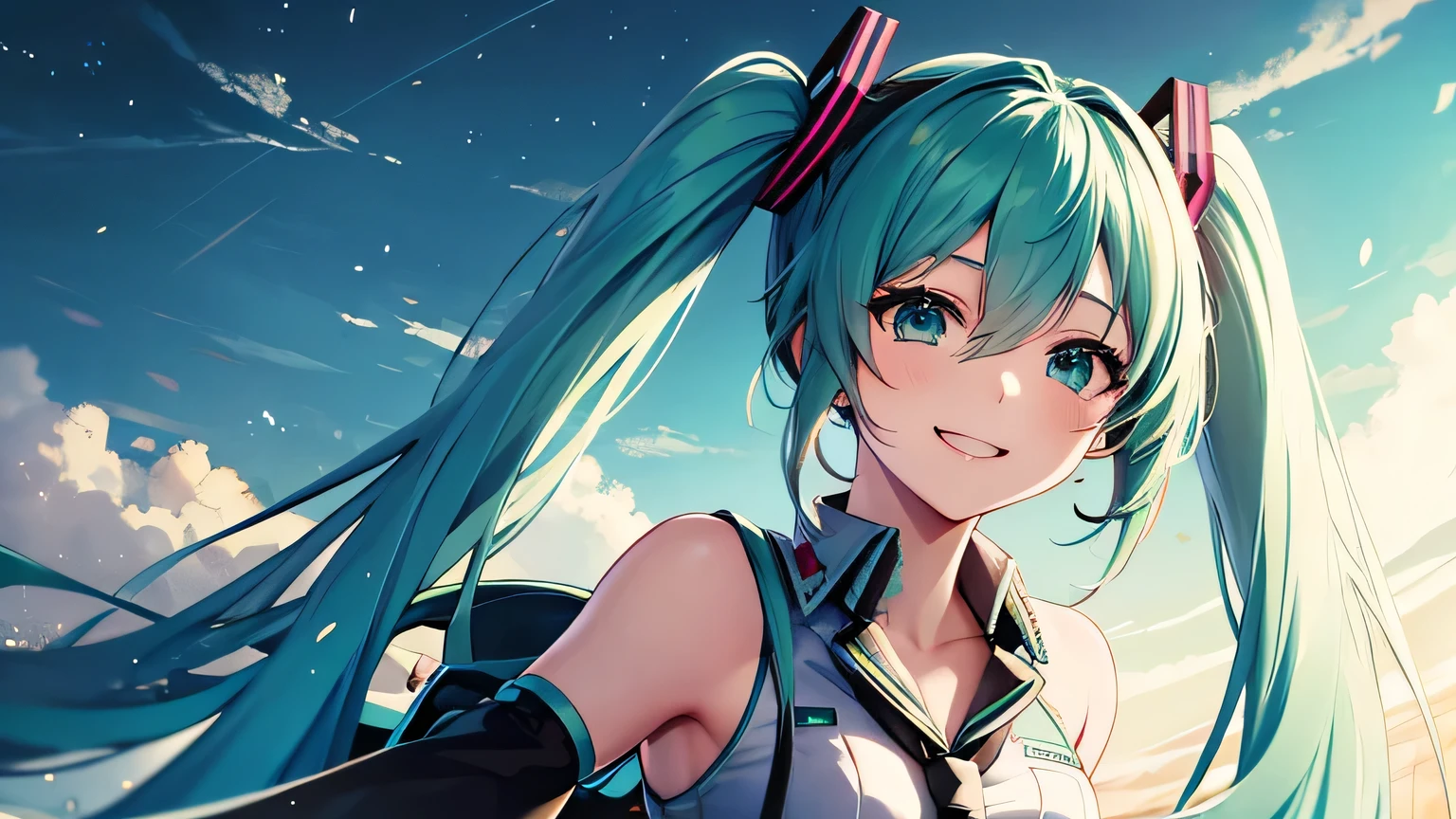 Anime characters、hatsune miku、Twin tails、Bright smile、departure