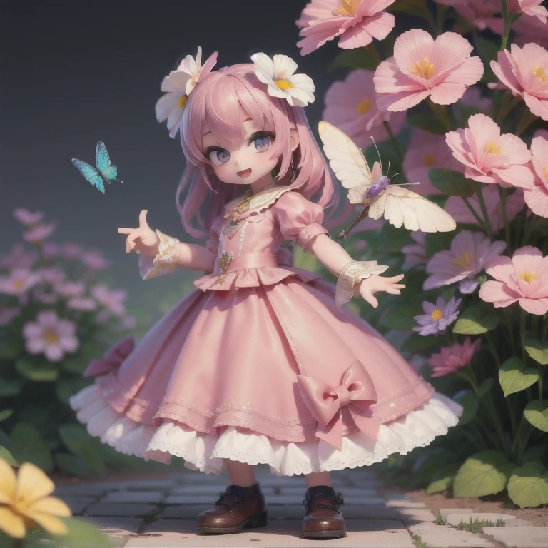 (masterpiece:1.2, Ultra detailed,1.5, unity 8k wallpaper, detailed finger:1.2), pansy:1.5, Girl, Cheerful, A long skirt with lots of fluttering decorations, flower bed