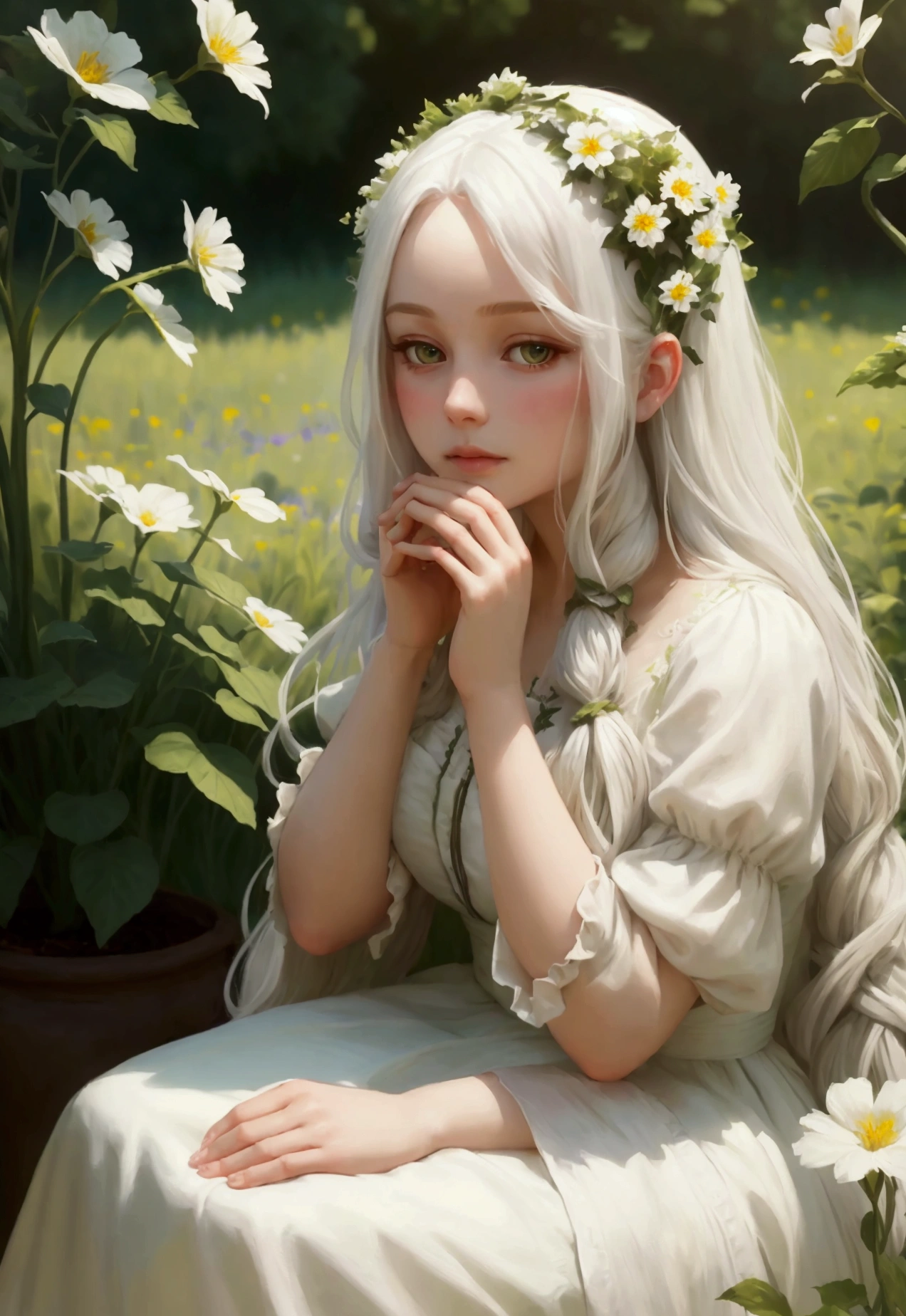 (masterpiece, best quality),1girl with long white hair sitting in a field of green plants and flowers, her hand under her chin, warm lighting, white dress, blurry foreground