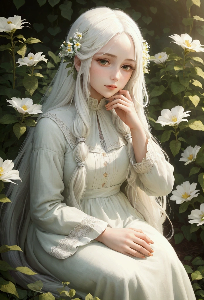 (masterpiece, best quality),1girl with long white hair sitting in a field of green plants and flowers, her hand under her chin, warm lighting, white dress, blurry foreground