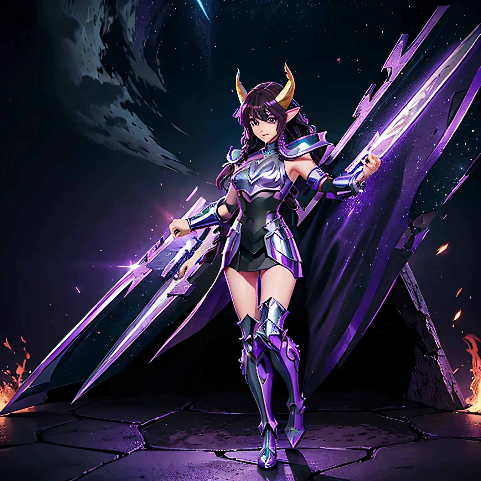 A woman wearing armor , Knights of the Zodiac, Purple Unicorn Armor, dark hair , long braided hair, , Charismatic character, second life avatar, beautiful screenshot, Full body view of attractive woman, high qualiy, very detailed skin, pointy ears, greeneyes, pair of horns