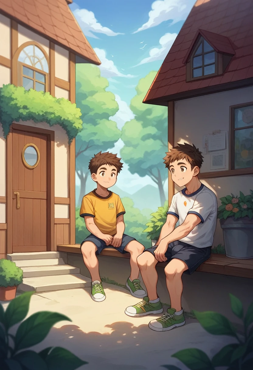 masterpiece,best quality,Whole body view,1 boy,young people,Tall and well-proportioned,muscular,whole body,Handsome,exquisite eyes,intricate details,shorts,There is a huge bulge in the crotch,disheveled brown hair,medium length hair,Background in the house,Best light and shadow,sitting,plant,dappled sunshine,daytime,depth of field,buzzer,colorful,Smile