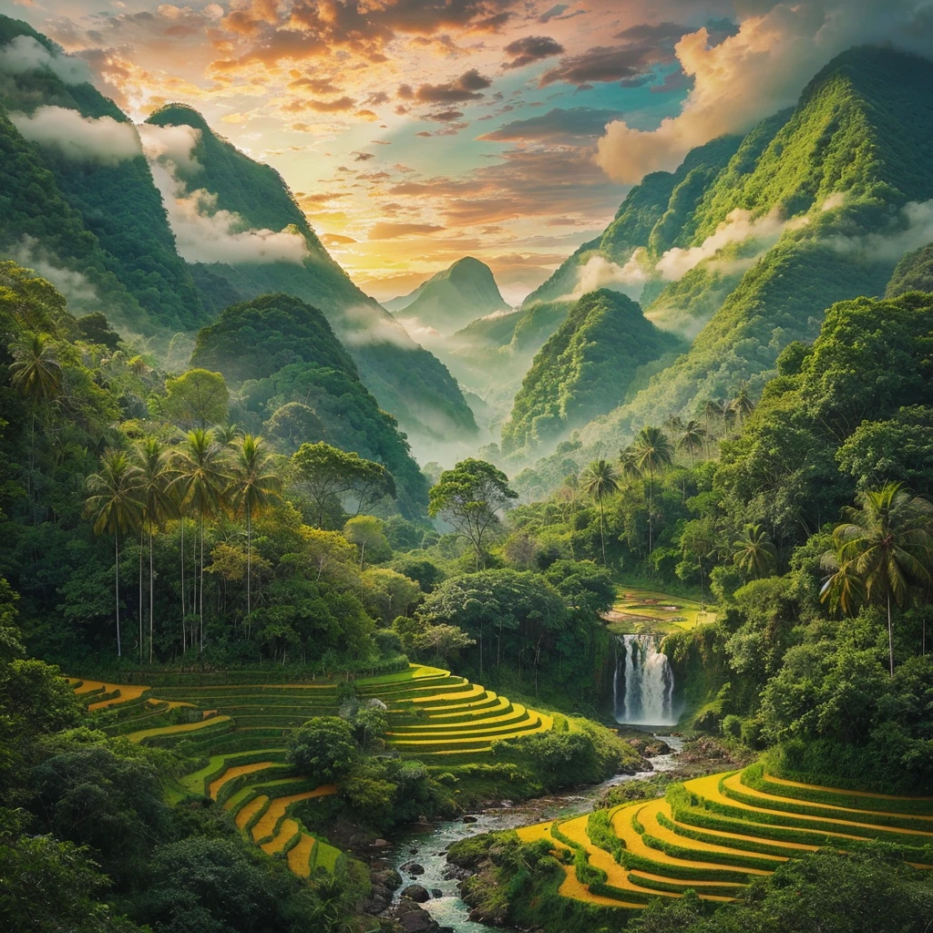 Lush, green mountain landscape. The mountain is covered in a thick, verdant forest, with a cascading waterfall in the foreground ,river. The towering trees are adorned with vibrant leaves.There are a vibrant yellow terrace paddy field layers arranged in a zigzag pattern.lush palm treesh, birds.The sky  cloudy with patterns of clouds scattered across, allowing sunset to seep through. 