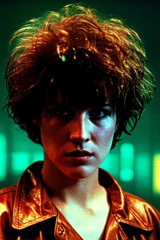 eighteen-year-old Molly Ringwald, messy/shaggy razored/layered bob haircut with sideswept bangs, bags under eyes, exhausted eyes, undershadowed eyes, with copper pocketwatch necklace, wearing dark green jacket with sleeves rolled up, white tank top and jeans, extremely realistic, extremely detailed, extreme realism, extreme detail, extremely accurate resemblance, scene from 1986 psychological sci-fi horror film, directed by Michael Mann, cinematography by Dante Spinotti, neo-noir, tech-noir, taken from VHS tape, atmospheric, moody, Manhunter (1986) influenced, Thief (1981) influenced, bedhead, unkempt hair, insomniac, dark circles under eyes, brooding anti-heroine, cult classic, cult film, complex, elaborate, masterpiece, underlit, dark, VHS grain, VHS filter, Silent Hill vibes, old VHS tape, VHS static, deteriorated VHS, VHS footage, CRT TV filter, gritty, synthwave, synth horror, neon, Blade Runner influenced, Drive (2011) influenced, directed by Nicholas Winding Refn, neon nightmare, shot on 35mm film, detective, near-future setting, rainy, heavy rainfall, replicant eye glow, glowing pupils