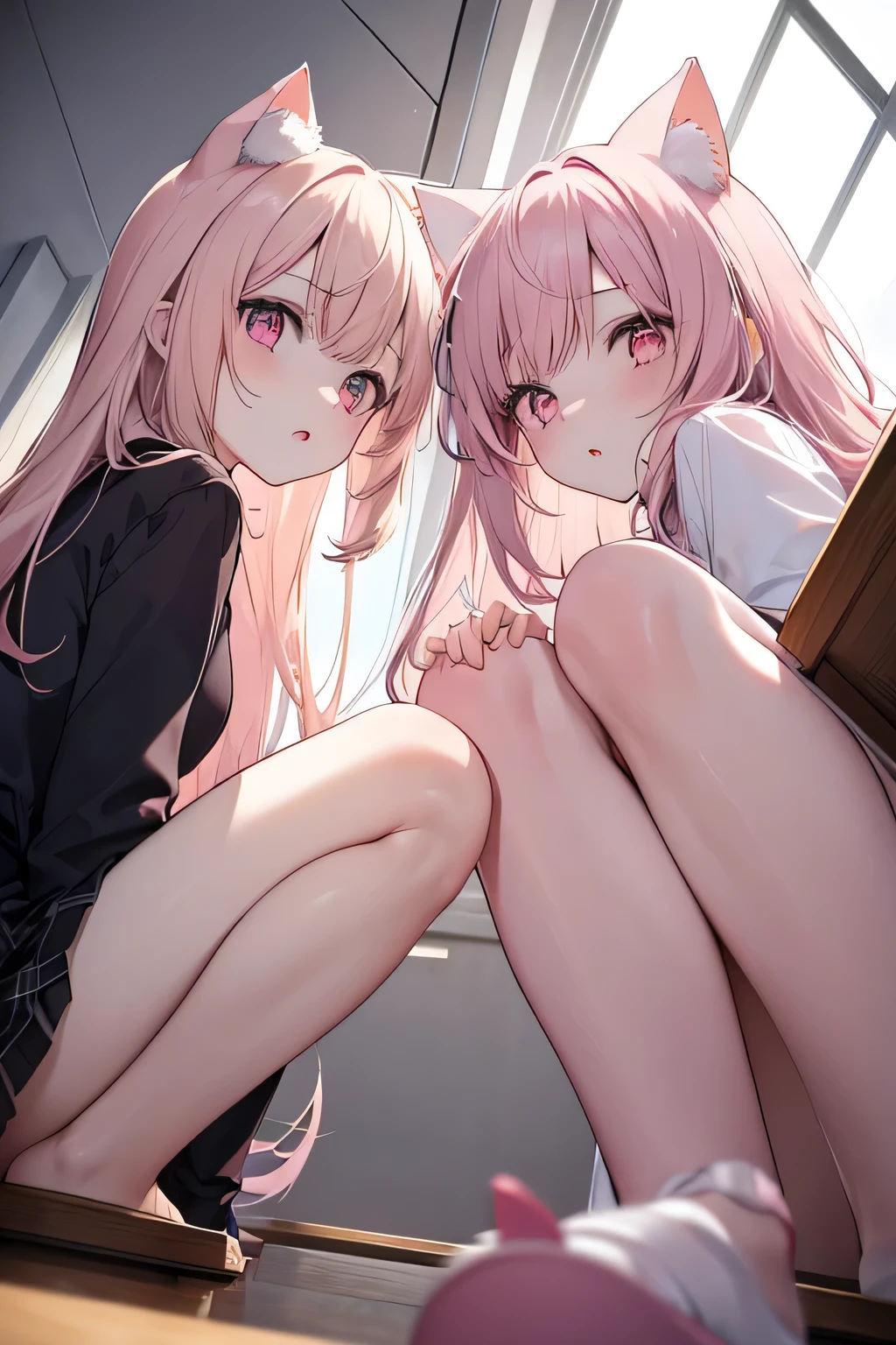 2girls in,(pale pink cat ears:1.2),pale pink long hair brown Bob hair,pink eyes, Hold eachother, crouching in classroom, (From below:1.4)