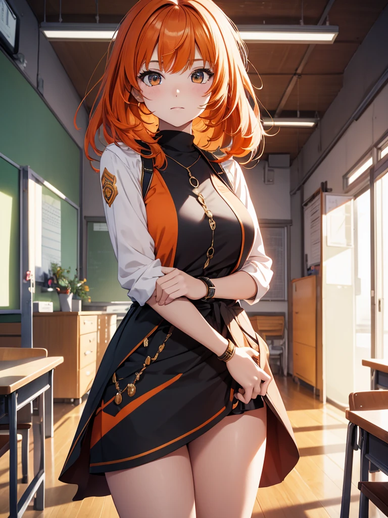 Nilou from Genshin impact game, 1girl, as a high girl, wearing a , at a classroom, orange colour hair, 8k, high detailed, high quality, full body