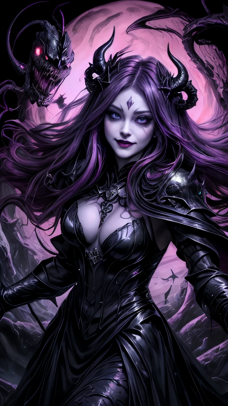 Esoteric arachnids lady, Spider Queen Elise, League of Legends, Esoteric arachnids, Combat Stance, ( body formed from metallic mauveine and metallic black liquid metallic paint twisting into a beautiful interpretation of the female figure), length, Sharp Fangs, nature, ((Complex metallic colors in the foreground)), (( Fluid Mechanics, The most beautiful smooth scale face makeup, Smirking expression)) - Dark blood, Onyxia、Noir painting of a beautiful young witch, length purple hair, dark purple lips, evil, evil female, smile, Black Prom Dress, She is coming to you, close, Bright Blue Eyes, Surrounded by swirling pink smoke, Genuine, Attention to detail, Highest quality、A beastly demon wields a vicious blade, Blood Chain, Behemoth Bones, Snake-like tentacles, Cruel Teeth, Expressions of madness, Oppressive Dungeon. 8K Vision Reveals Fear, Ultra HD detail makes monsters stand out, Grotesque shadows dance, The creature whispers, Stifling atmosphere, Vision problems, Visible Madness. blade, evil意の閃光が輝く, reflect (Light) Beyond the Darkness, Elucidate (Sharp details) and、Add a dizzying dimension to the impending chaos.