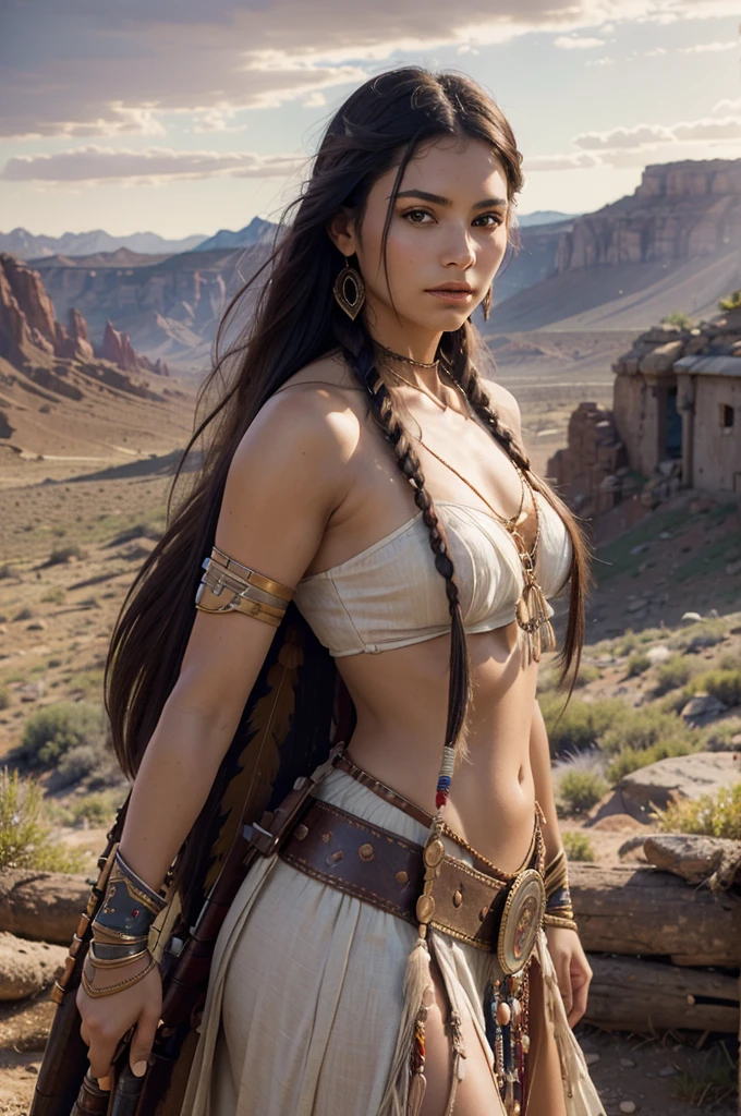 Portrait photo of Marie Avgeropoulas as Pocahontas, Young beautiful Native American woman, Perfect symmetry face, Indigenous Feather Jewelry, Traditional handmade dresses, Armed Female Hunter Warrior, (((Wild west))) environment, Utah Landscape, A hyper-realistic, Concept art, Elegant, ((Convoluted)), ((Highly detailed)), depth of fields, ((professionally color graded)), soft ambient lighting, Dusk, 8K, art by artgerm and greg rutkowski and alphonse mucha