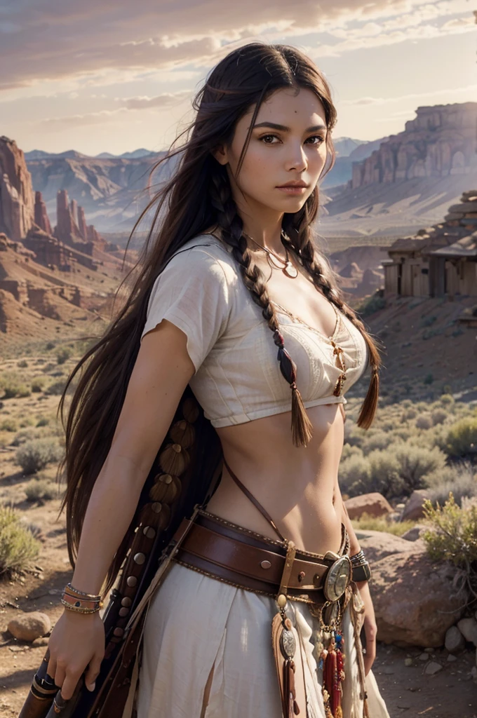 Portrait photo of Marie Avgeropoulas as Pocahontas, Young beautiful Native American woman, Perfect symmetry face, Indigenous Feather Jewelry, Traditional handmade dresses, Armed Female Hunter Warrior, (((Wild west))) environment, Utah Landscape, A hyper-realistic, Concept art, Elegant, ((Convoluted)), ((Highly detailed)), depth of fields, ((professionally color graded)), soft ambient lighting, Dusk, 8K, art by artgerm and greg rutkowski and alphonse mucha
