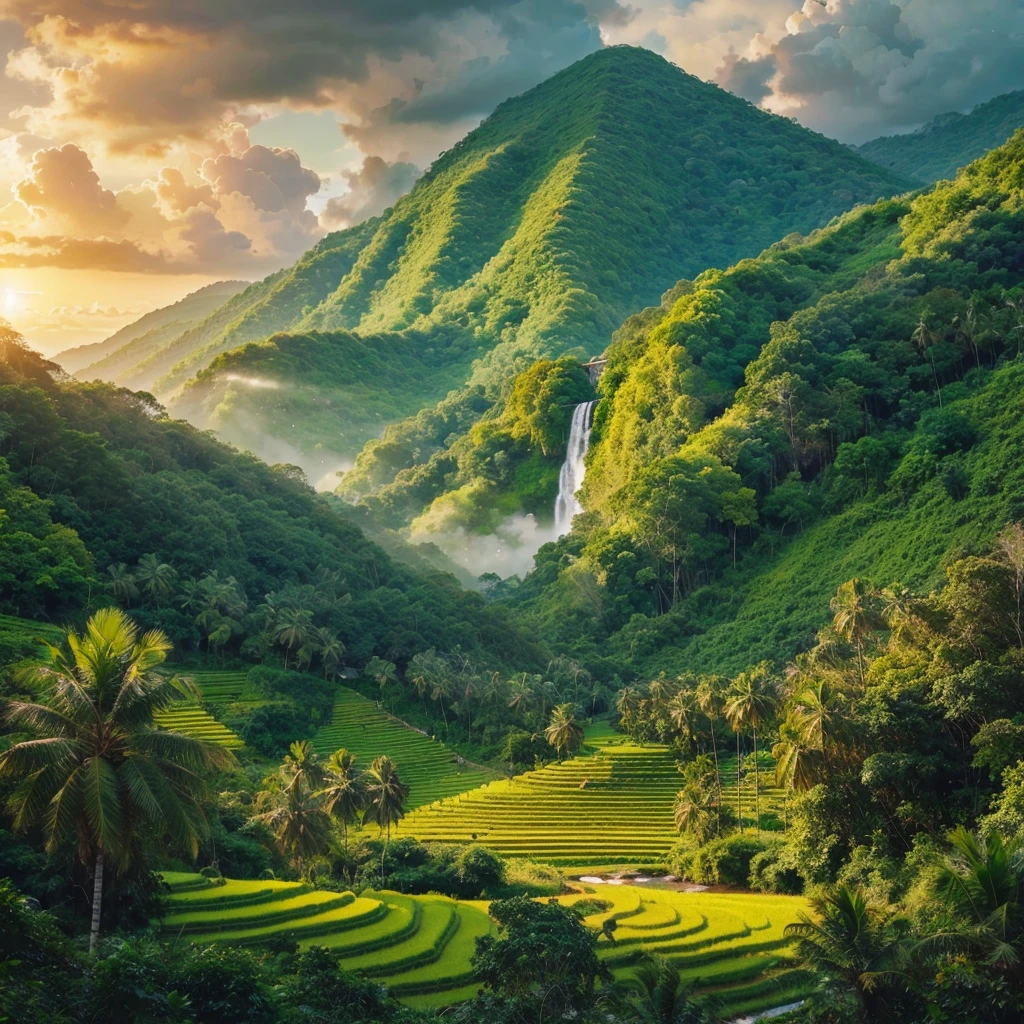 Lush, green mountain landscape. The mountain is covered in a thick, verdant forest, with a cascading waterfall in the foreground ,river. The towering trees are adorned with vibrant leaves.There are a vibrant yellow terrace paddy field layers arranged in a zigzag pattern.lush palm treesh, birds.The sky cloudy with patterns of clouds scattered across, allowing sunset to seep through.