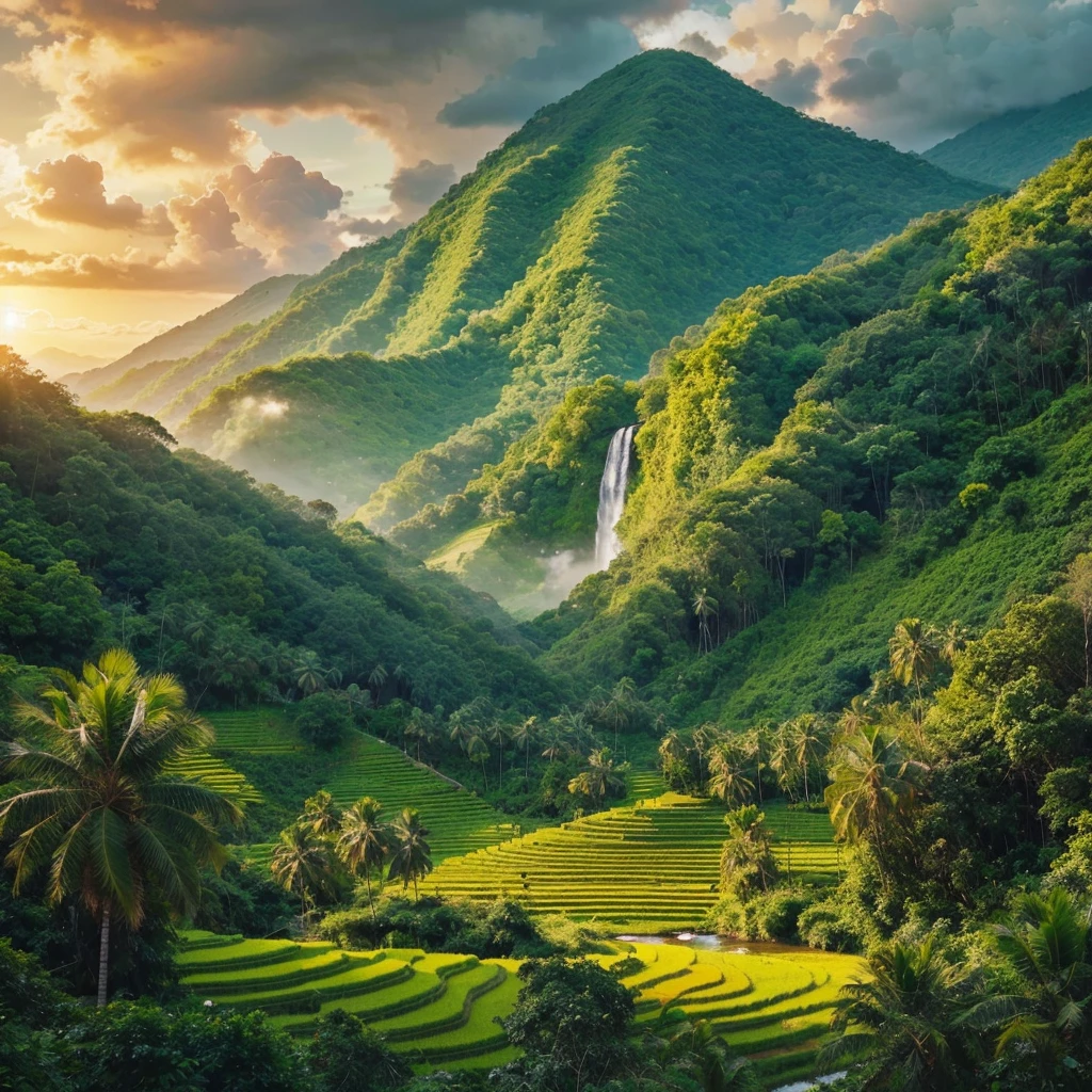 Lush, green mountain landscape. The mountain is covered in a thick, verdant forest, with a cascading waterfall in the foreground ,river. The towering trees are adorned with vibrant leaves.There are a vibrant yellow terrace paddy field layers arranged in a zigzag pattern.lush palm treesh, birds.The sky cloudy with patterns of clouds scattered across, allowing sunset to seep through.