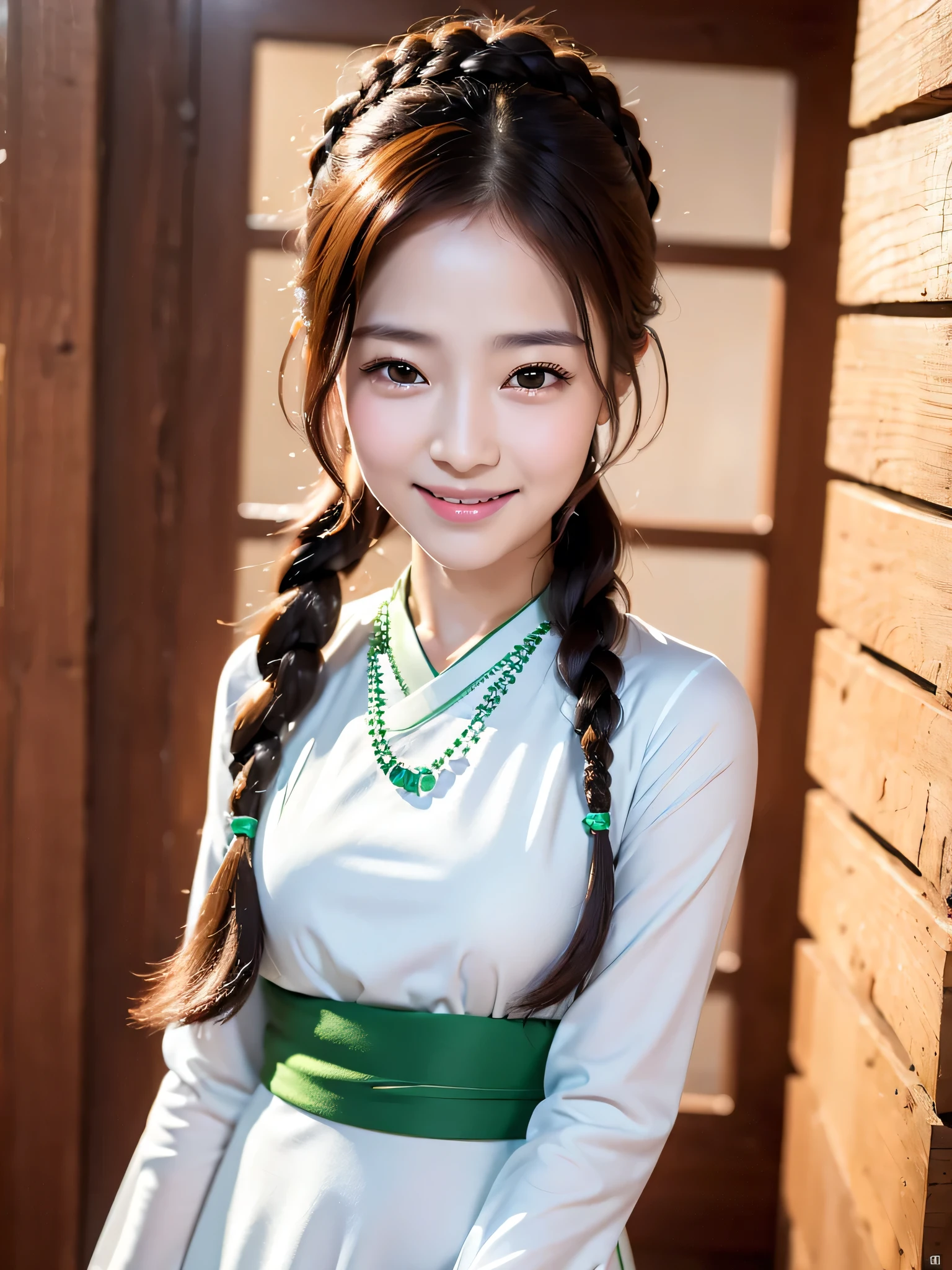 ((sfw:1.5))、masterpiece, Highest quality, (Highly detailed CG Unity 8k wallpaper), (Highest quality)、1 female、Arabian woman with braids and green necklace is smiling,Japanese , Traditional beauty, Young and adorable Korean face