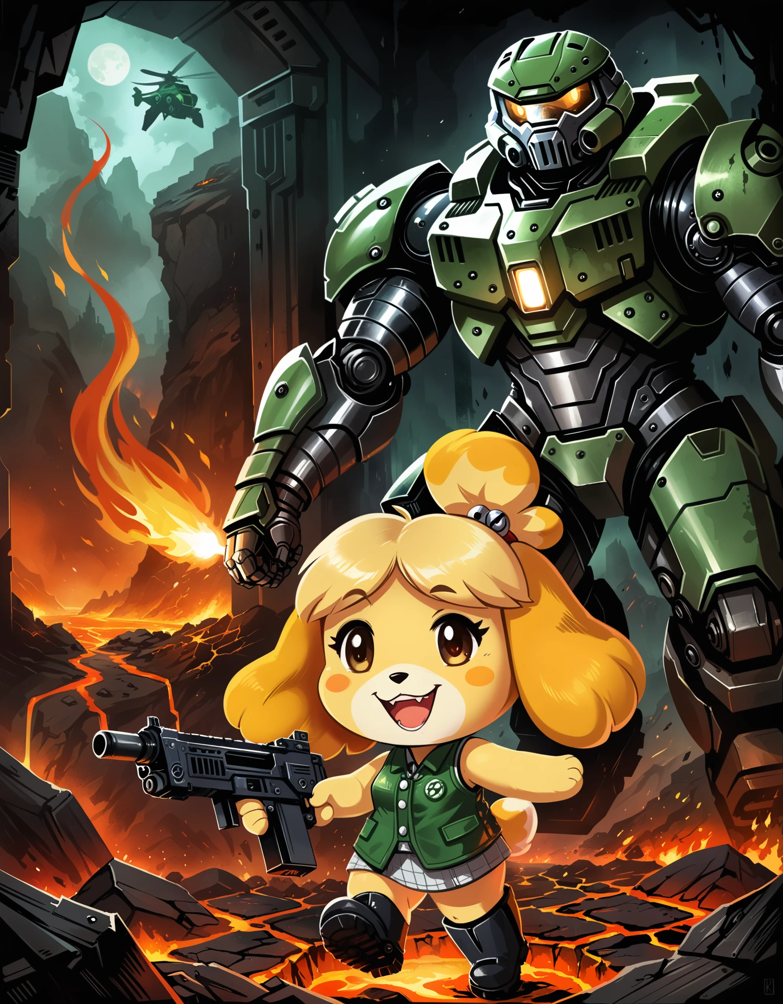 chibi isabelle \(animal crossing\), happy, open mouth, cybernetics boots, sci-fi armor, heavy machine gun, black vest, aaction pose, BREAK, doom \(series\), by William Kentridge, by Russ Mills, detailed background, detailed foreground, depth of field, ambient silhouette, backlighting, hell, dungeon, fire, lava, science fiction, glowing