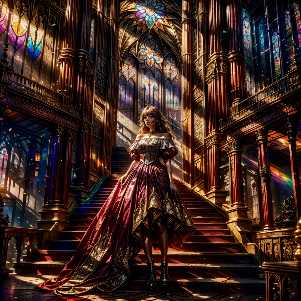 (Cathedral from below:1.28) VolumetricLighting (FullBody ZoomedOut:1.28 Wide-shot) ZoomLayer (BokeH:1.32), TopQuality 8K masterpiece of ((Professional photo)), (((Clarisse de Cagliostro))) (Detailed Delicate Red Dresses), Chain, Extremely detailed (KAWAII face) {(VeiledFace)|BlondeHair|(Spanking BuleEyes)}, The background is distant (((Elaborate stained glass))) Rainbow Glass, (MysticSight) {(GodRays)|Haze|TyndallEffect}, Radiant PearlSkin with Transparency, (Exposed:0.38)