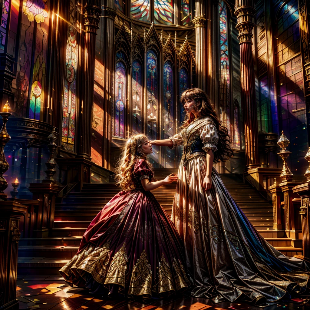  (Cathedral from below:1.28) VolumetricLighting (FullBody ZoomedOut:1.28 Wide-shot) ZoomLayer (BokeH:1.32), TopQuality 8K masterpiece of ((Professional photo)), (((Clarisse de Cagliostro))) (Detailed Delicate Red Dresses), Chain, Extremely detailed (KAWAII face) {(VeiledFace)|BlondeHair|(Spanking BuleEyes)}, The background is distant (((Elaborate stained glass))) Rainbow Glass, (MysticSight) {(GodRays)|Haze|TyndallEffect}, Radiant PearlSkin with Transparency, (Exposed:0.38)